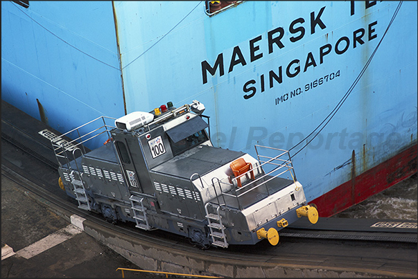 Panama Canal. Engines Train that help the ships overcome canal locks