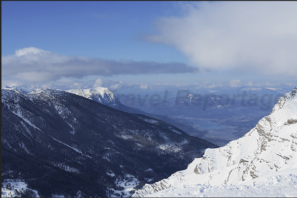 View from the Col de Crevoux (2530 m) and Serre Ponçon lake in the valley