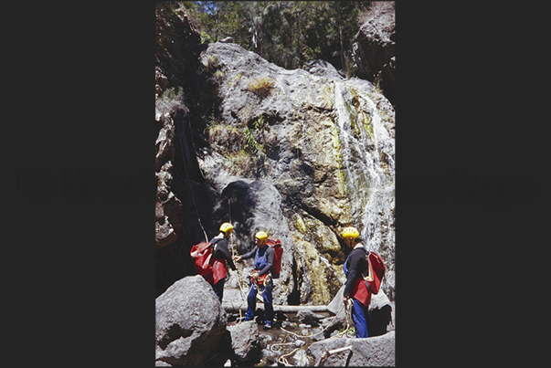 Canyoning in the Cirque de Cilaos park area, central area of the island