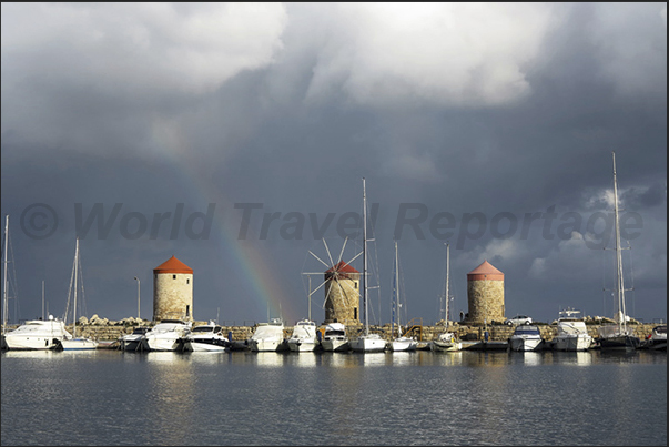 Rhodes town. Windmills in Mandraki, the main port of the island